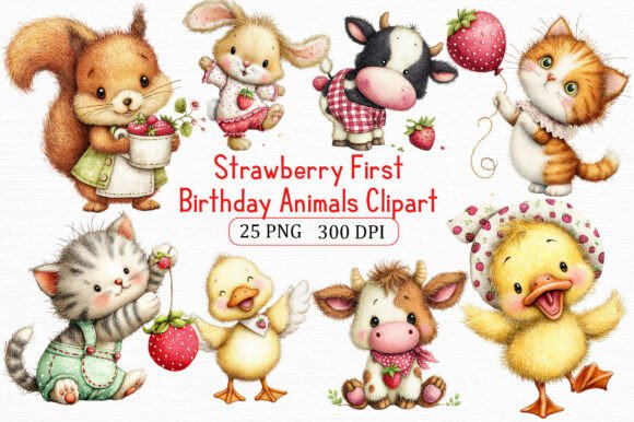 Strawberry Birthday Animals Clipart