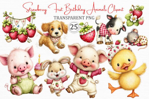 Strawberry Birthday Animals Clipart