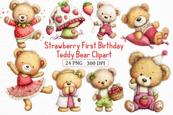 Strawberry Birthday Teddy Clipart
