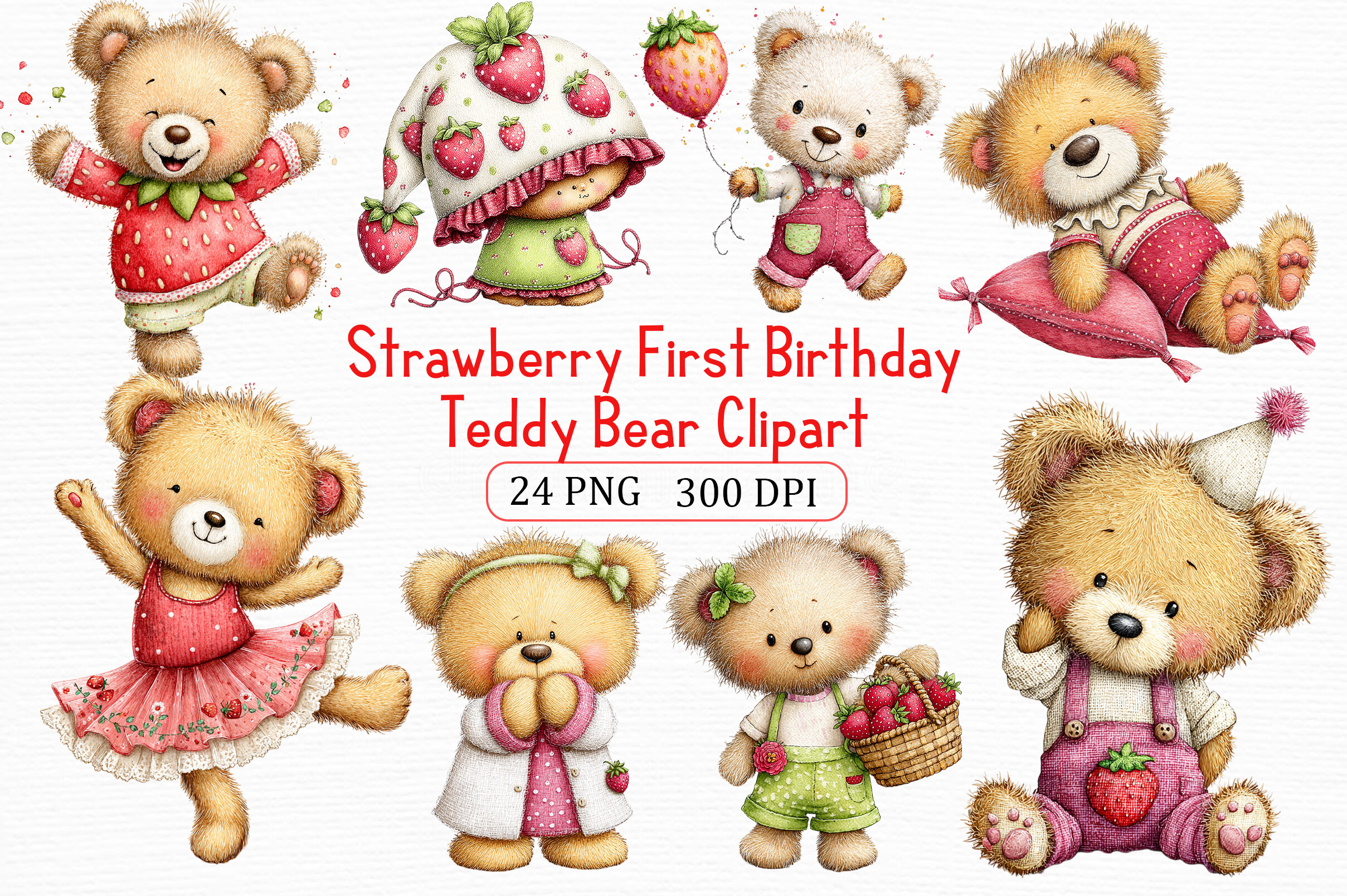 Strawberry Birthday Teddy Clipart