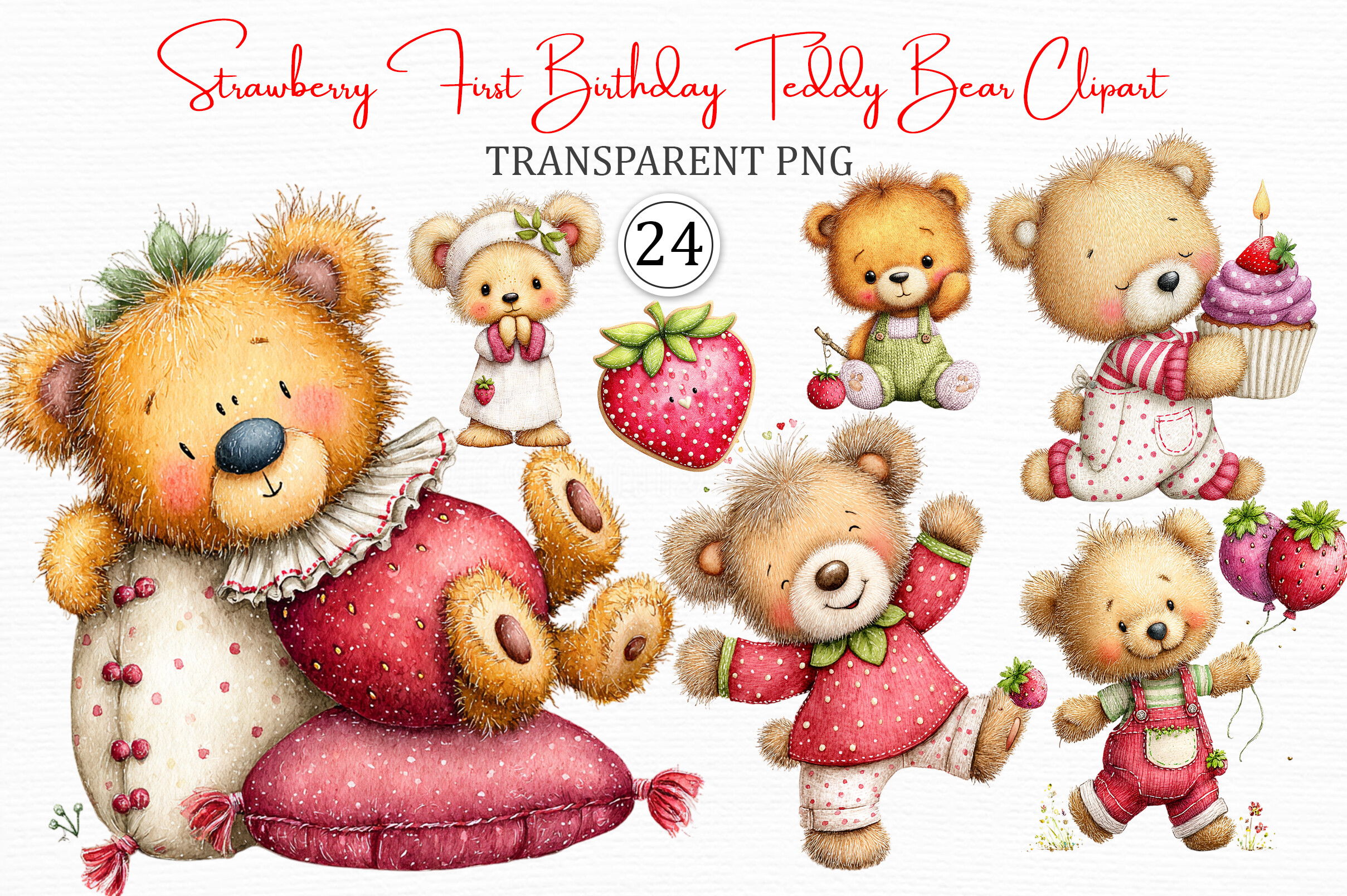 Strawberry Birthday Teddy Clipart Pack