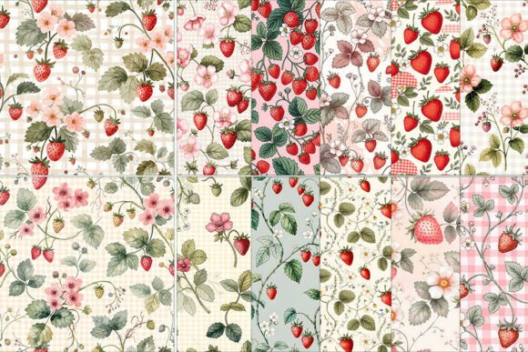 Strawberry Floral Seamless Pattern Bundl