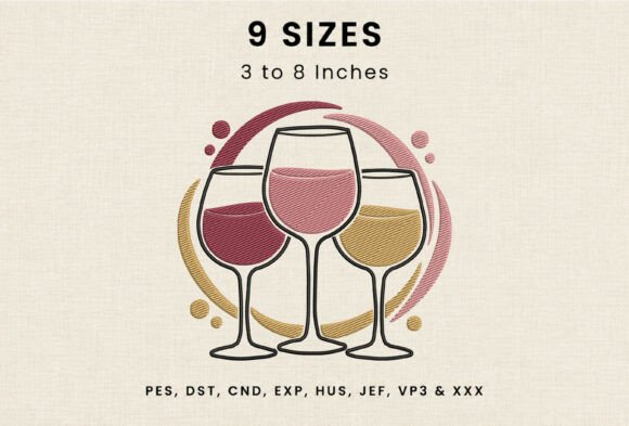 Trio Wine Glasses DST PES Embroidery