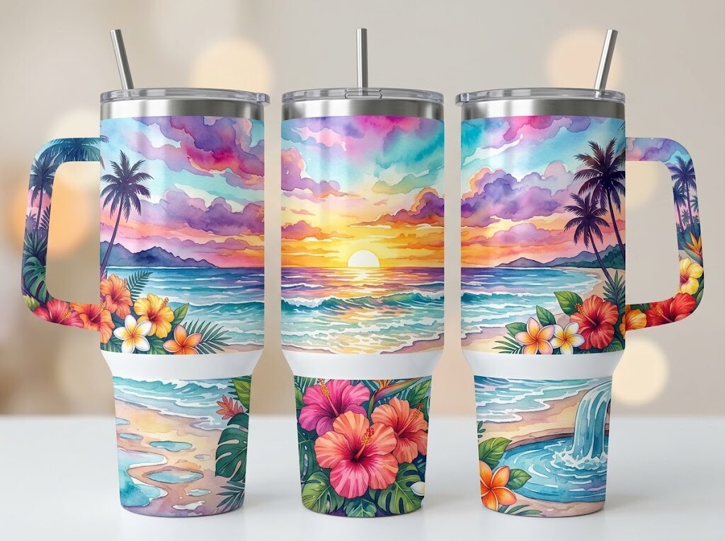 Tropical Hibiscus Sunset Tumbler Design