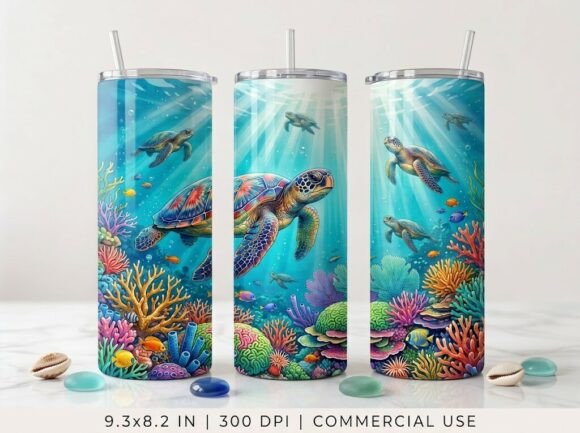 Vibrant Coral Reef Turtle Tumbler Design