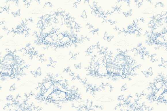 Vintage Blue Toile De Jouy Bunny Rabbits