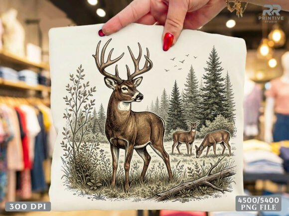 Vintage Deer Hunting Forest Wildlife PNG