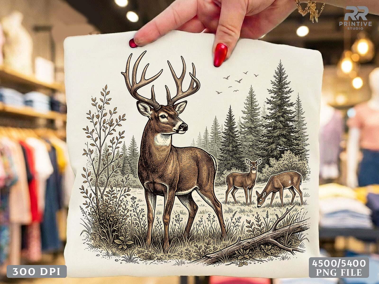 Vintage Deer Hunting Forest Wildlife PNG