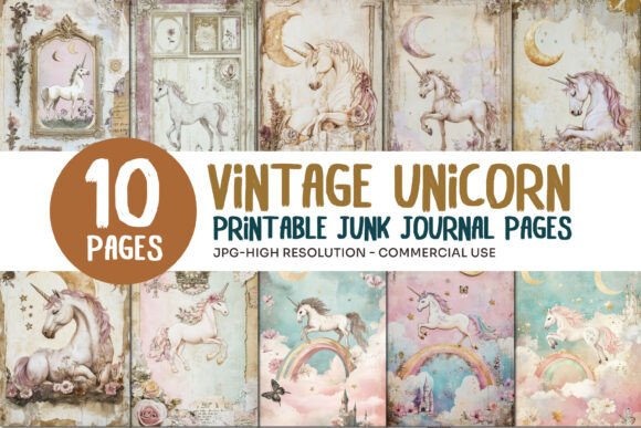 Vintage Unicorn Junk Journal Pages