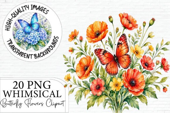 Watercolor Butterfly & Flower Clipart