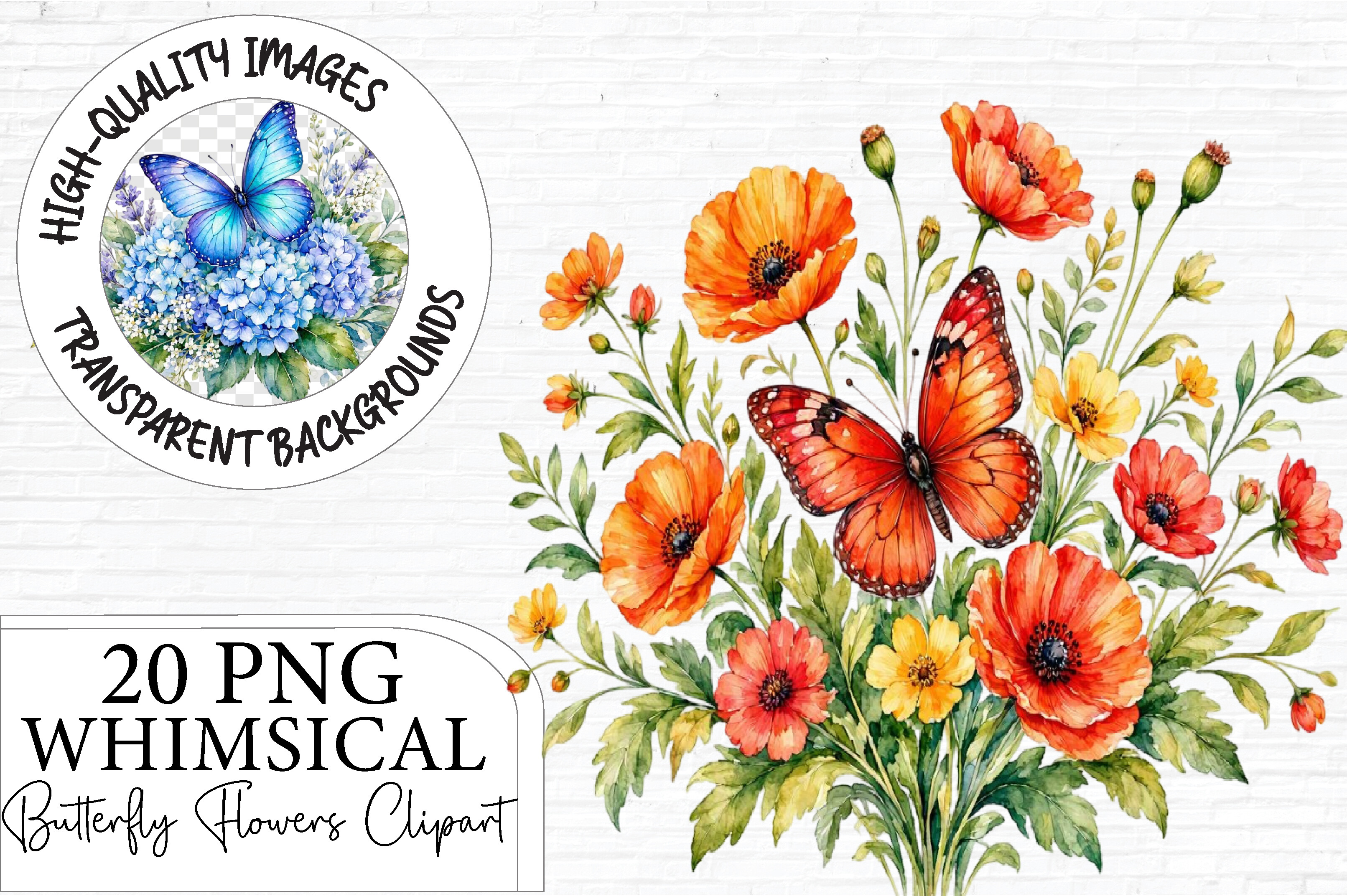 Watercolor Butterfly & Flower Clipart