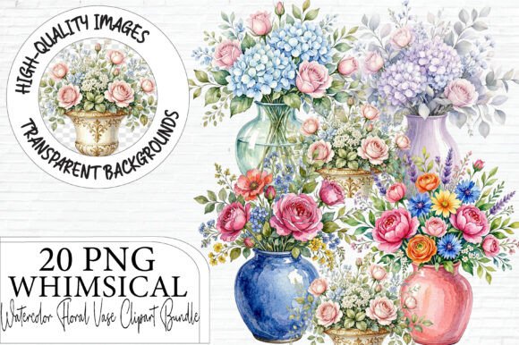 Watercolor Floral Vase Clipart Bundle
