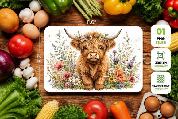 Watercolor Highland Cow Floral PNG Art