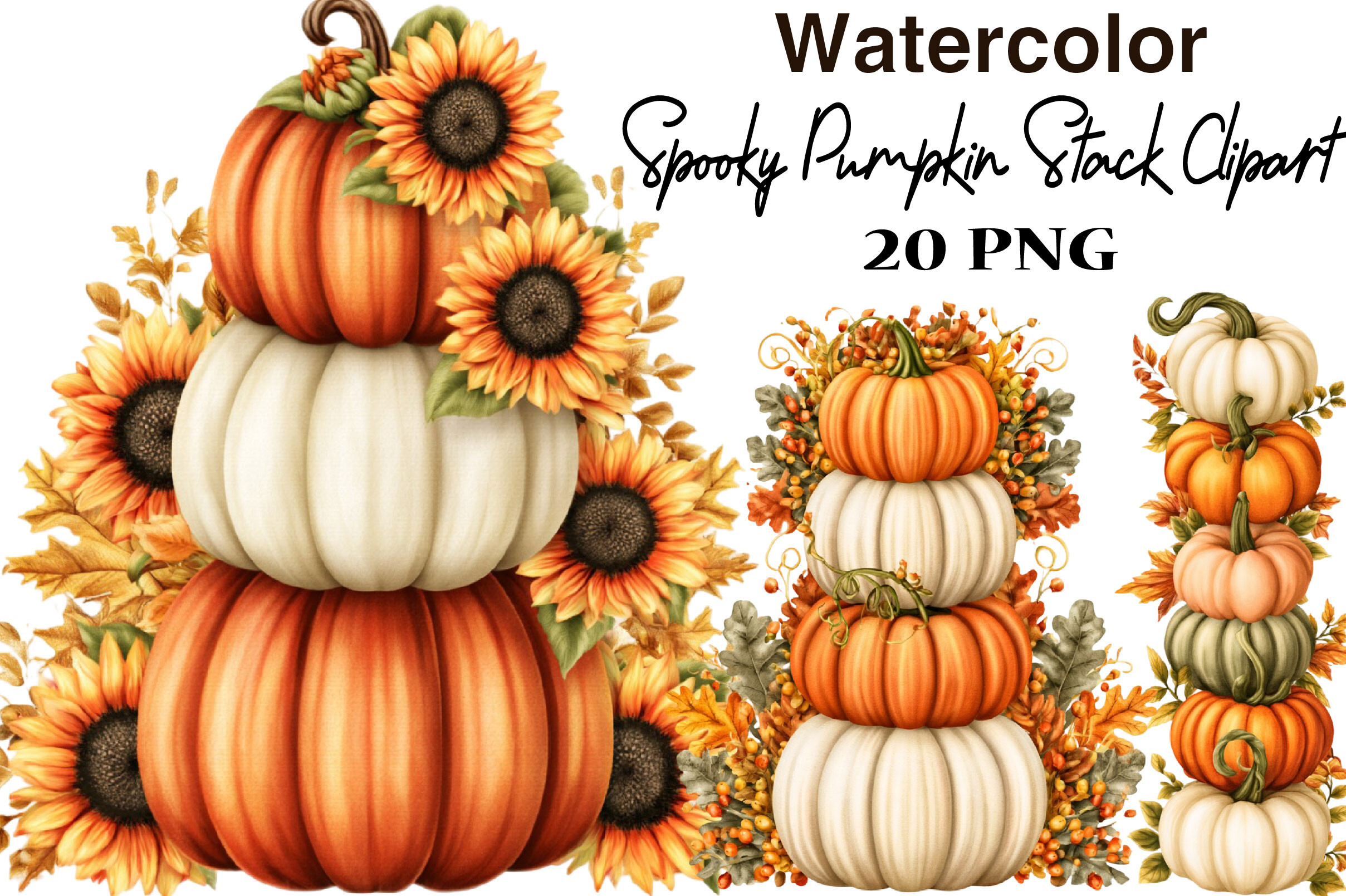 Watercolor Spooky Pumpkin Stack Clipart