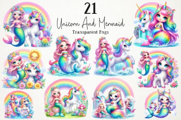 Watercolor Unicorn & Mermaid Clipart