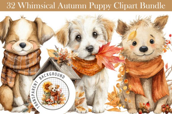 Whimsical Autumn Puppy Clipart Bundle