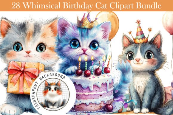 Whimsical Birthday Cat Clipart Bundle