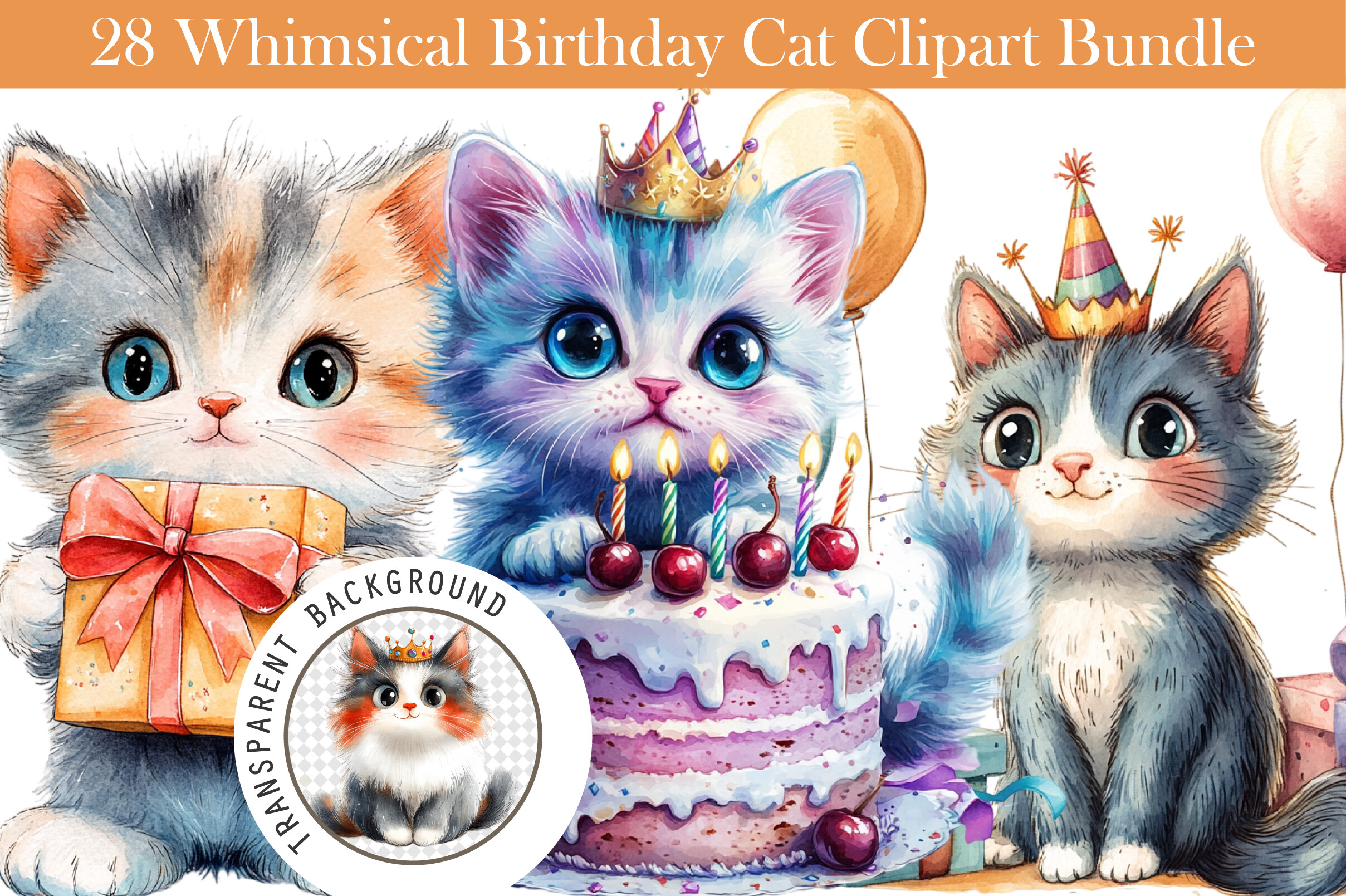 Whimsical Birthday Cat Clipart Bundle