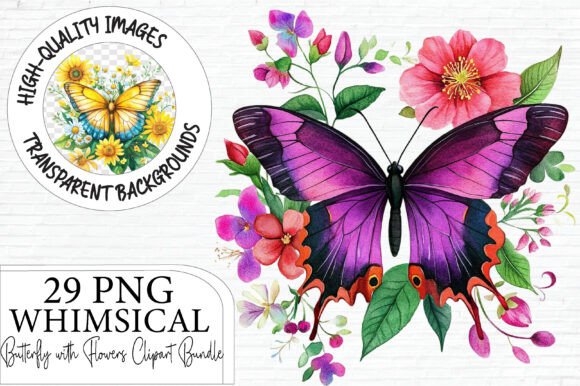 Whimsical Butterfly with Flowers Clipart