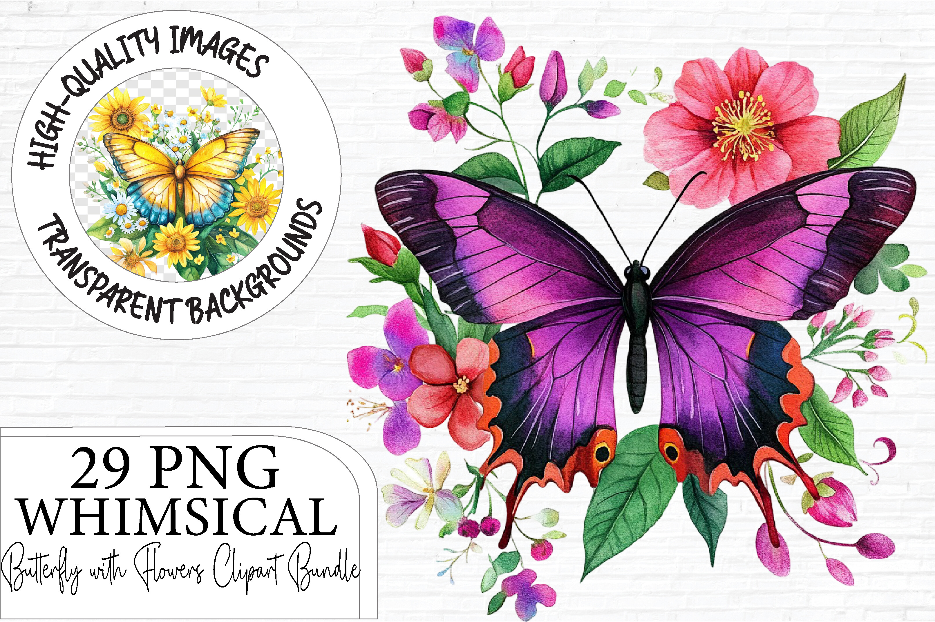 Whimsical Butterfly with Flowers Clipart