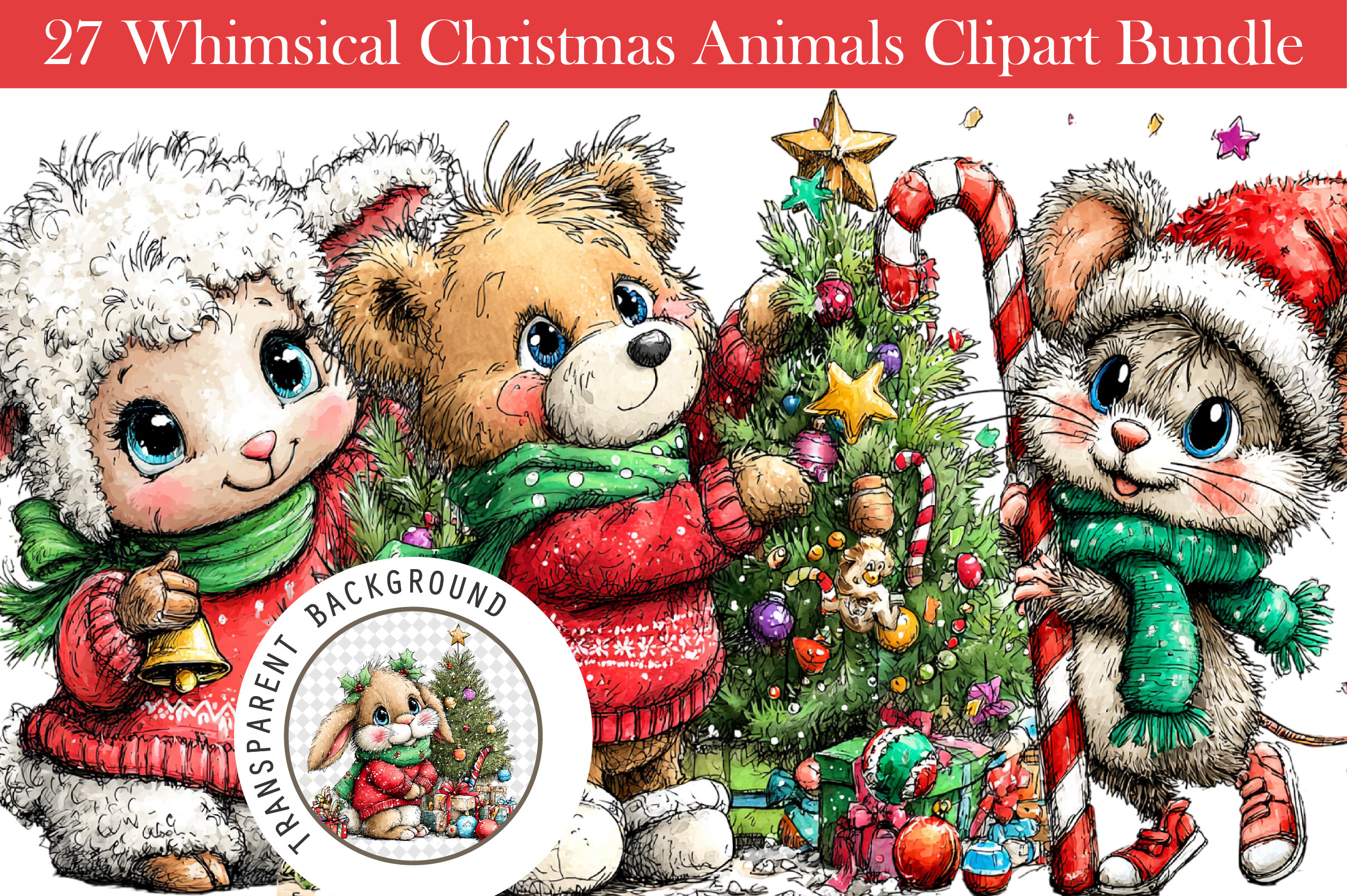 Whimsical Christmas Animals Clipart Bund