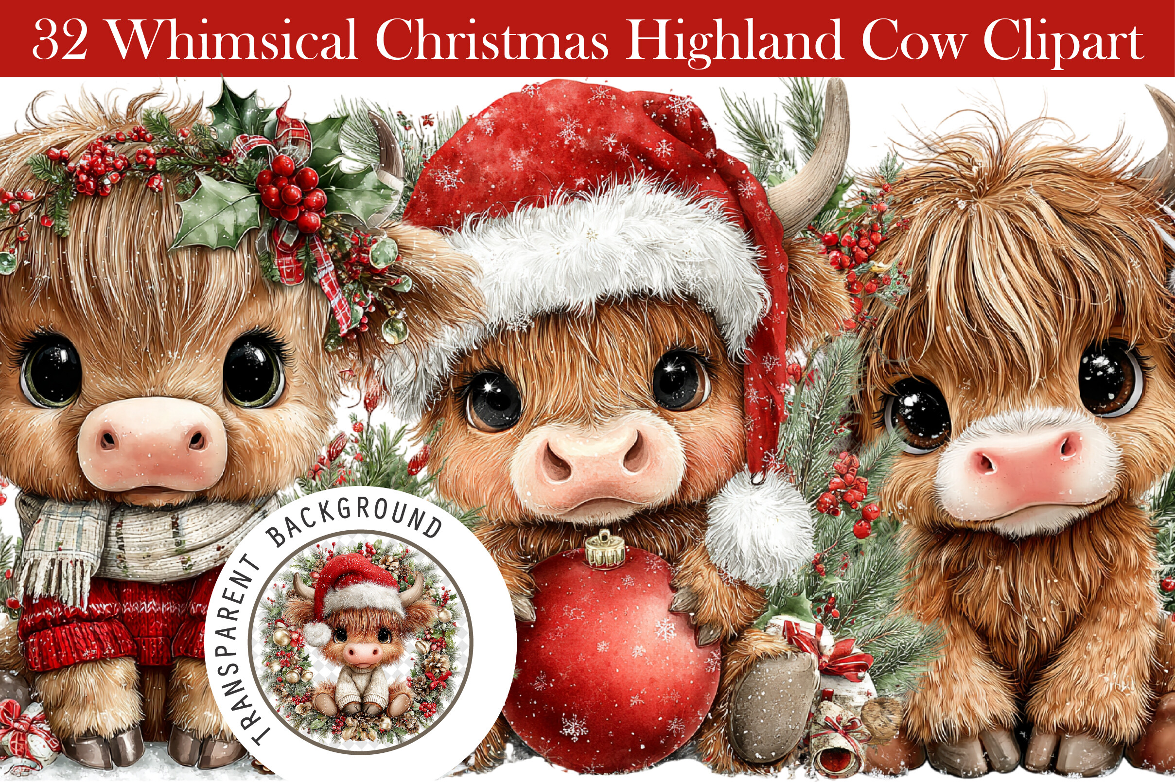 Whimsical Christmas Highland Cow Clipart