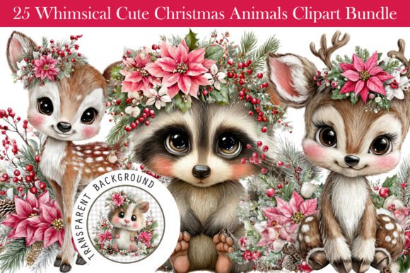 Whimsical Cute Christmas Animals Clipart