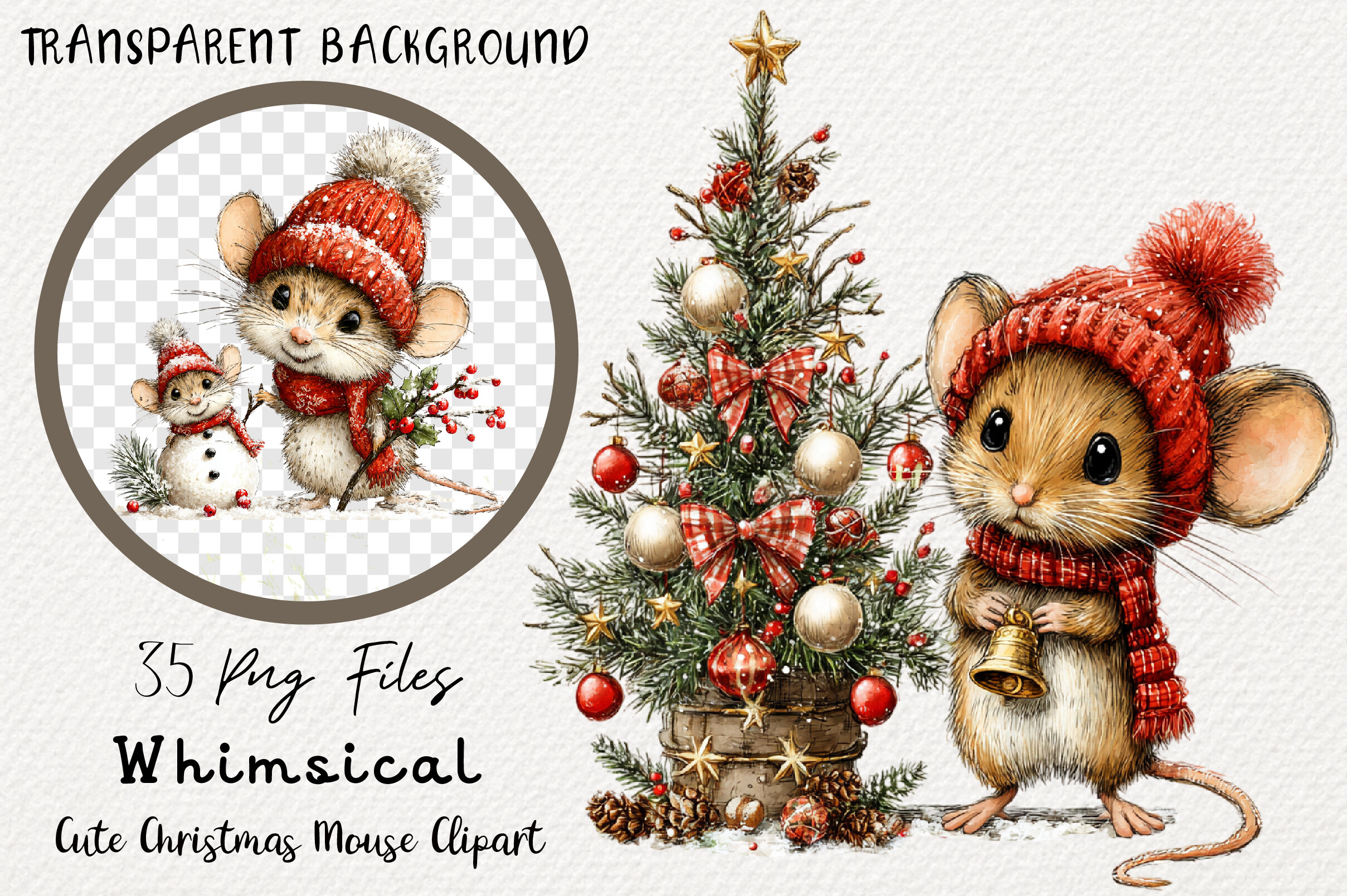 Whimsical Cute Christmas Mouse Clipart