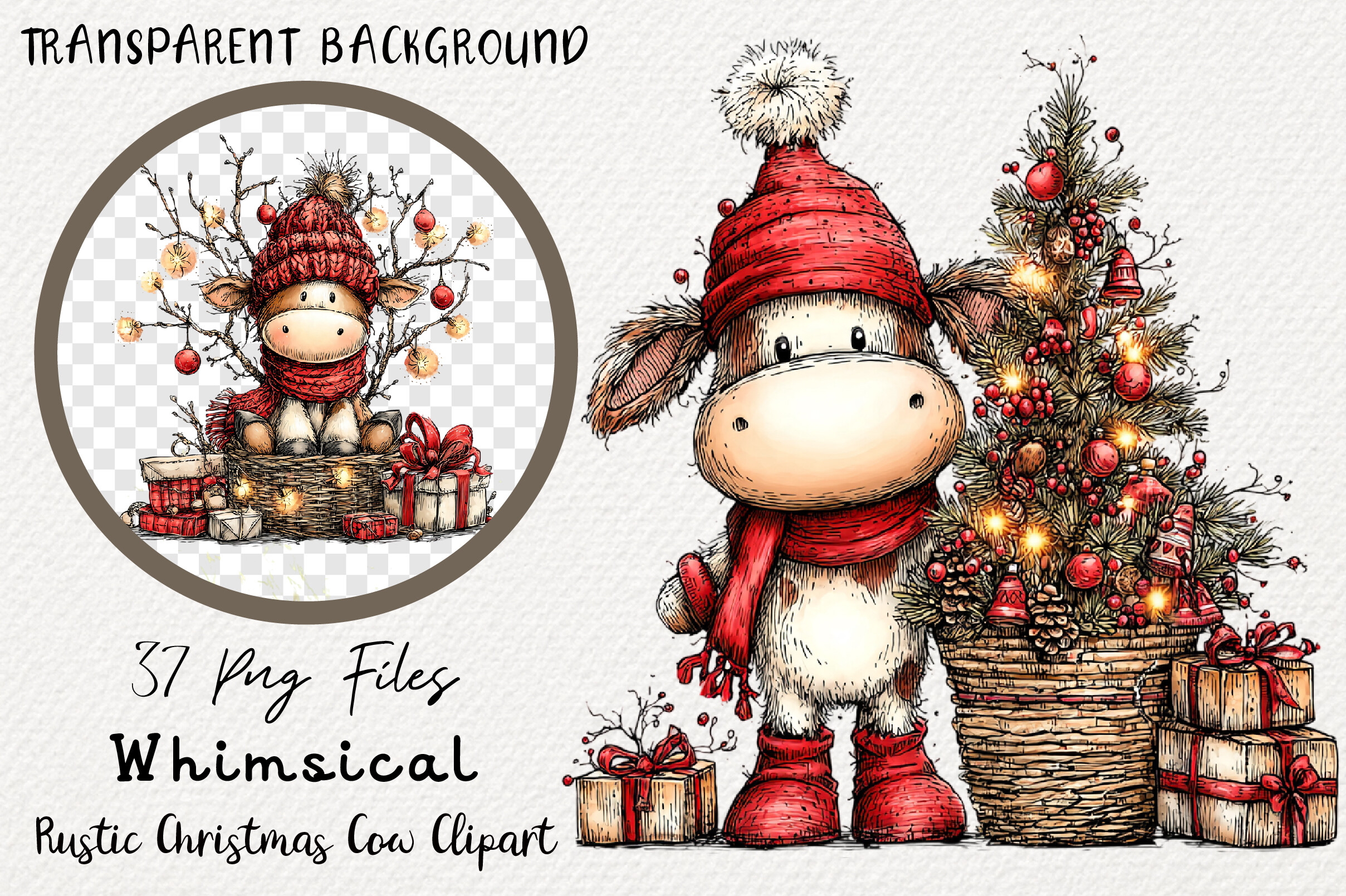 Whimsical Rustic Christmas Cow Clipart