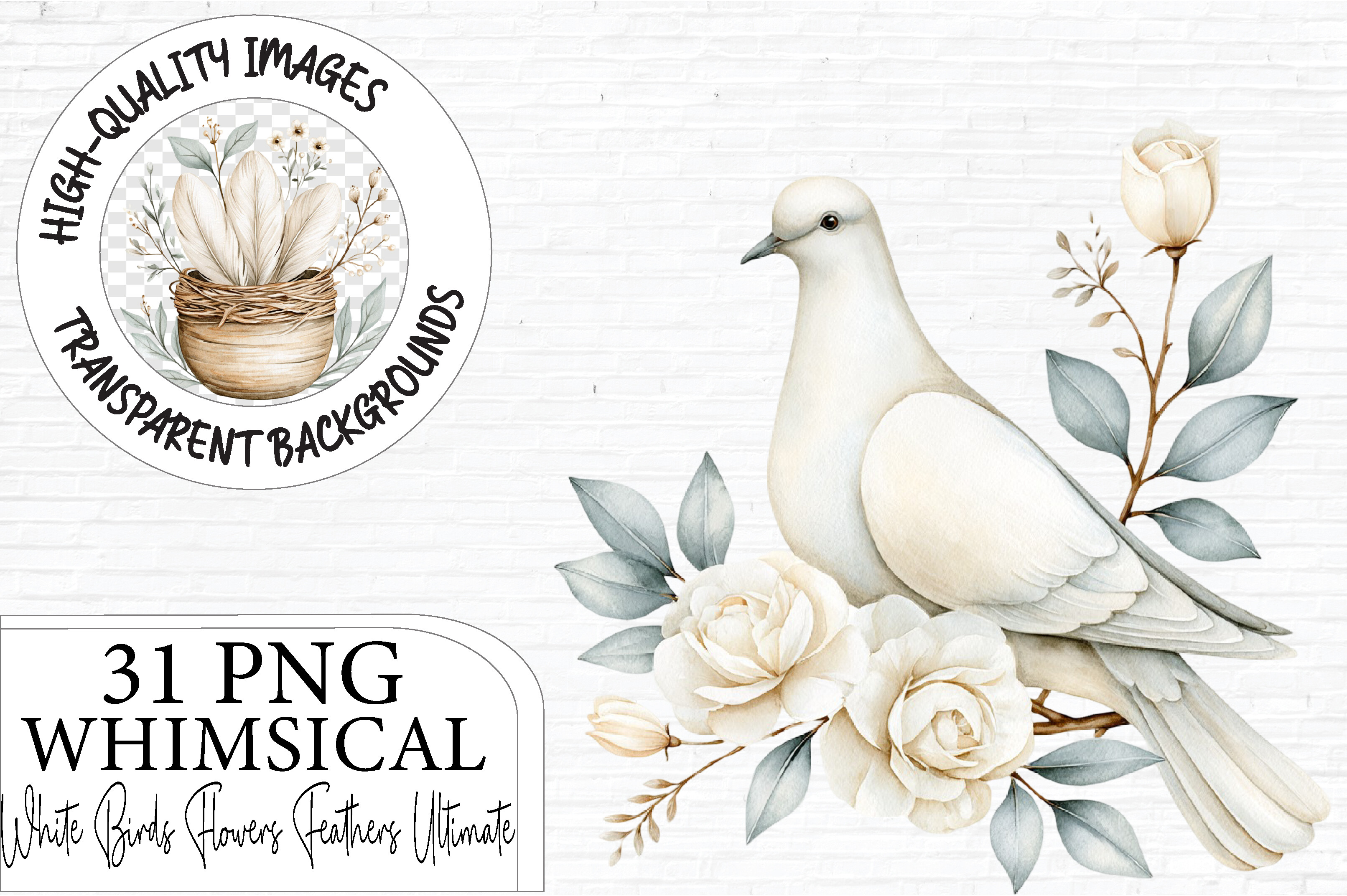 White Birds Flowers & Feathers Clipart