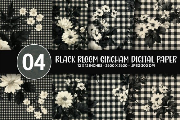 Black Bloom Gingham Digital Paper