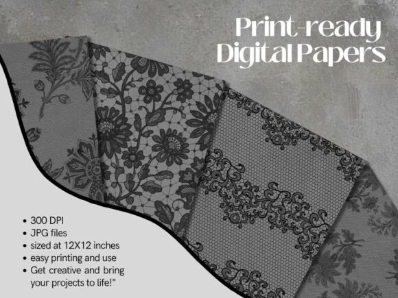 Black Lace Digital Paper, Gothic Floral