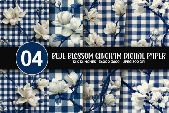 Blue Blossom Gingham Digital Paper
