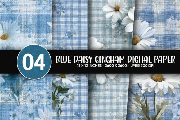 Blue Daisy Gingham Digital Paper