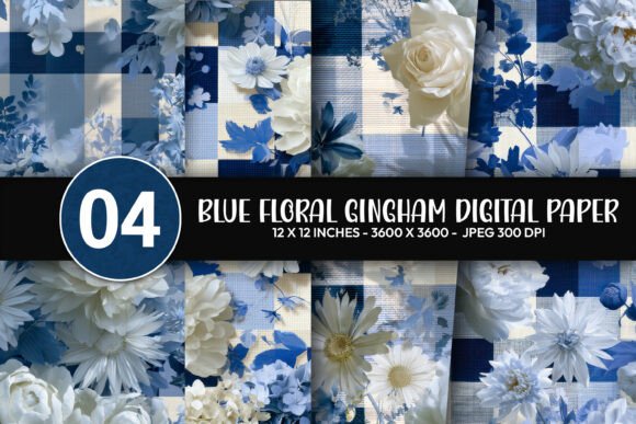 Blue Floral Gingham Digital Paper