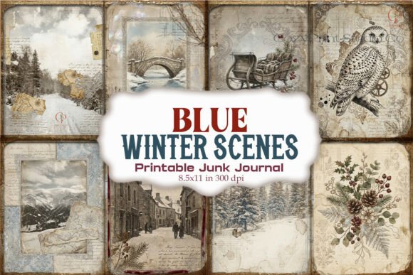 Blue Winter Scene Owl Junk Journal Pages
