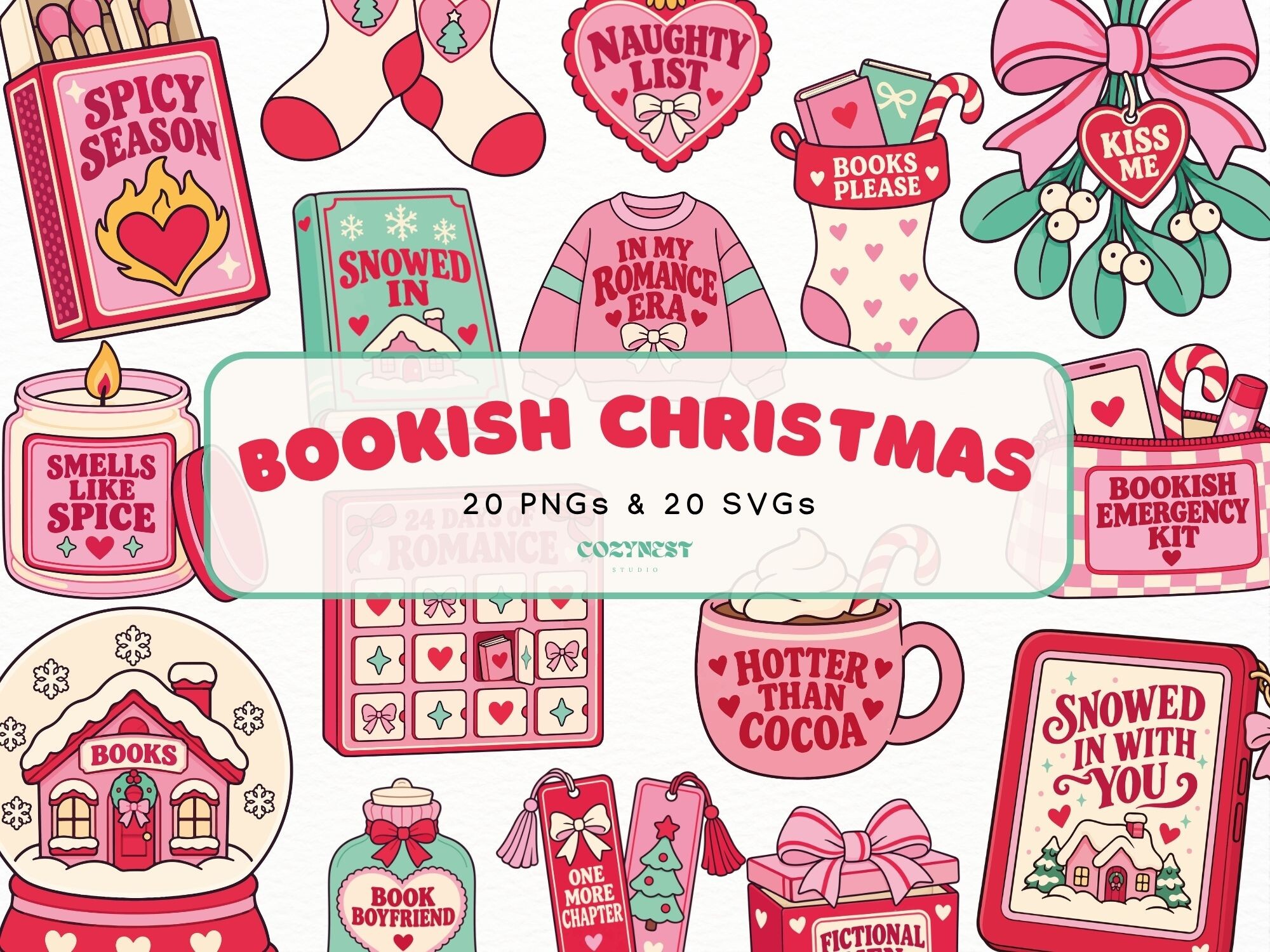 Bookish Christmas Clipart Book Lover PNG