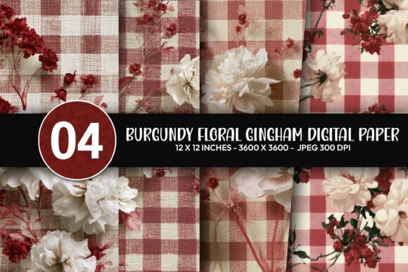 Burgundy Floral Gingham Digital Paper