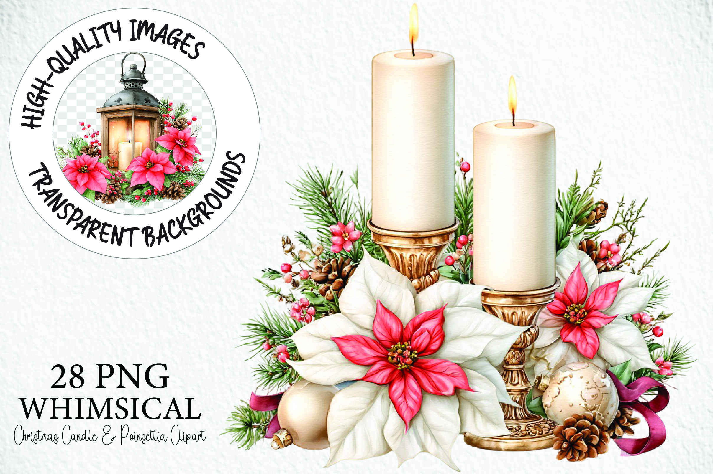 Christmas Candle & Poinsettia Clipart