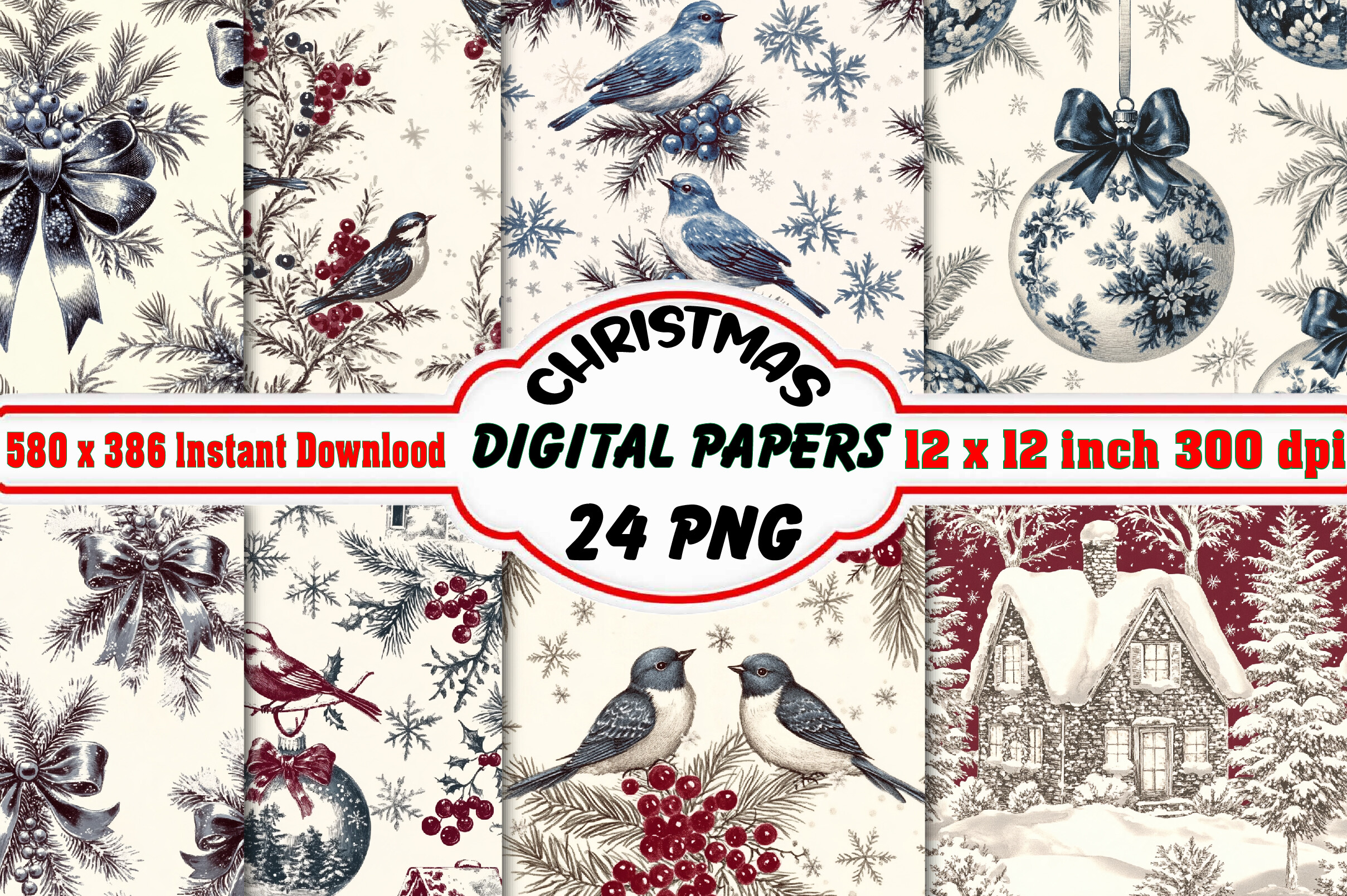 Christmas Blue Digital Paper Patterns