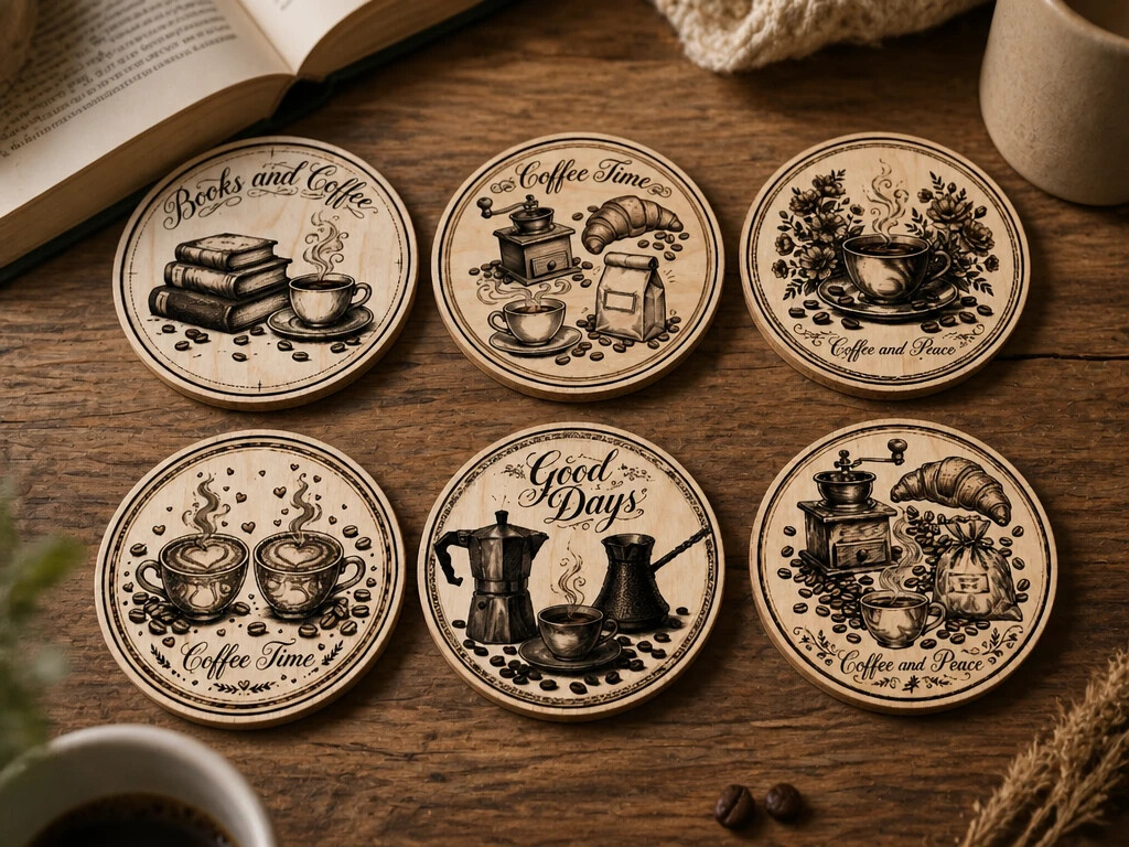 Vintage coffee coasters with stand laser engraving