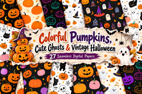 Colorful Pumpkins, Cute Ghosts & Vintage