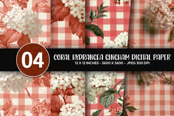 Coral Hydrangea Gingham Digital Paper