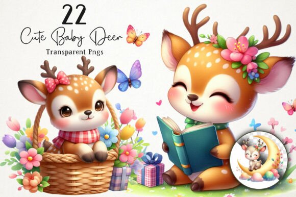Cute Floral Baby Deer Clipart Bundle