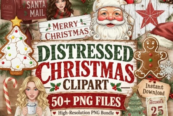 Distressed Christmas Clipart Bundle | 50