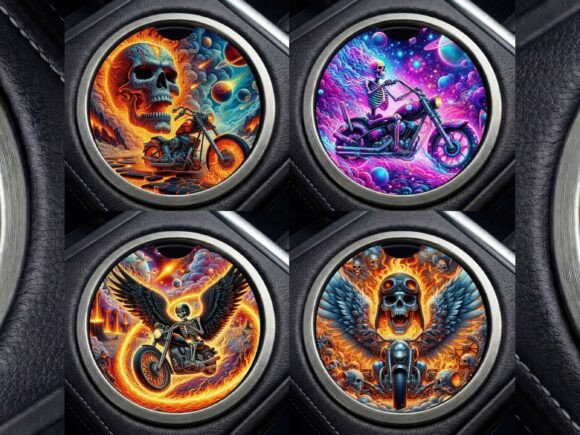 Flaming Skull Motorcycle Car Coaster PNG