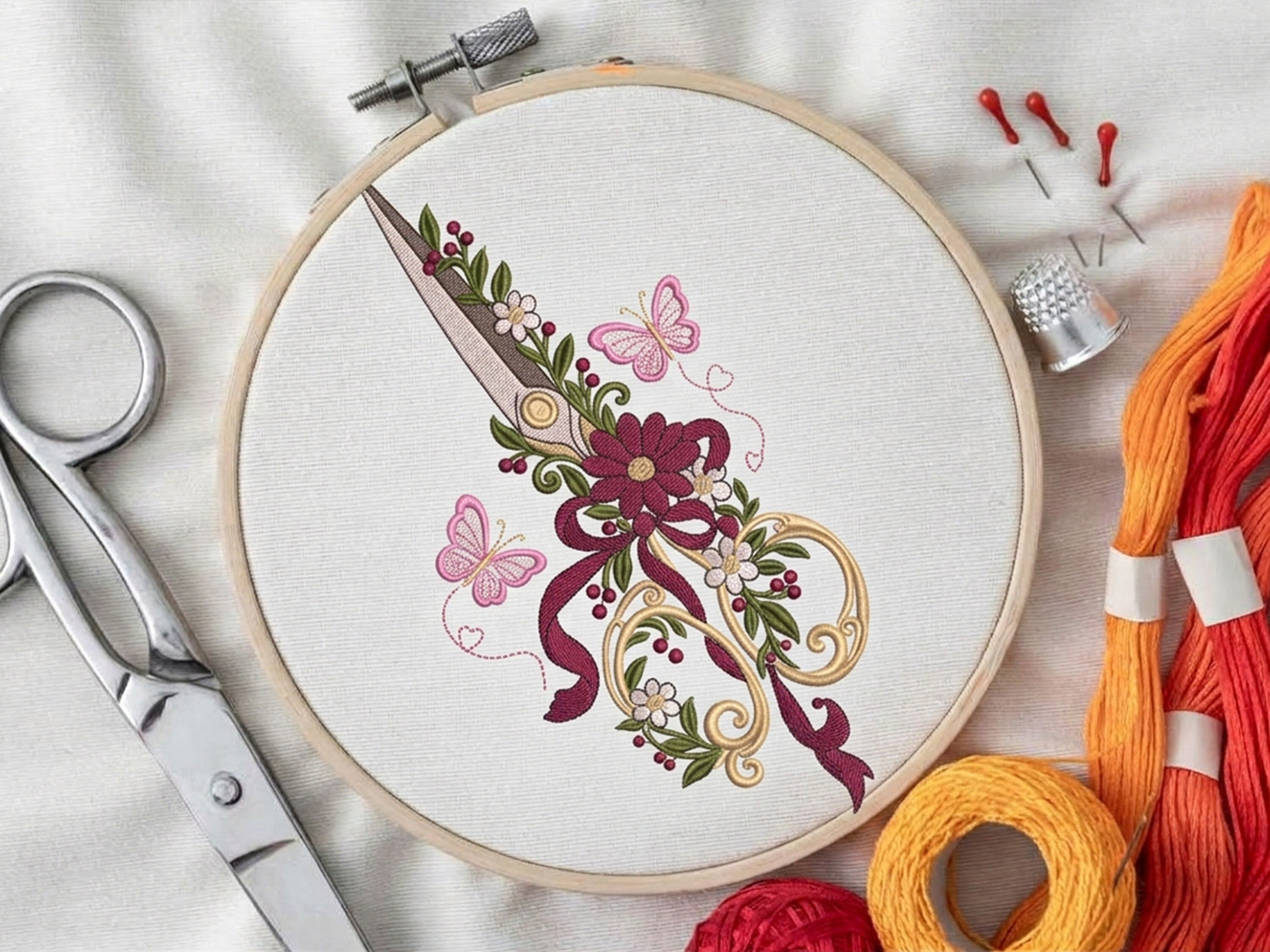 Floral Vintage Scissors Embroidery