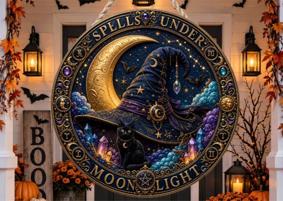 Gothic Witch Hat Cat Halloween Door Sign