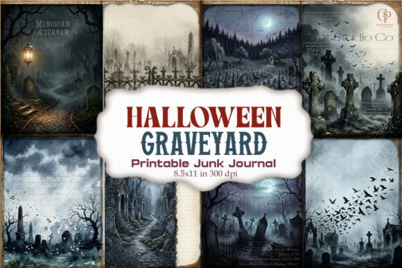 Halloween Graveyard Spooky Junk Journal Graphic Backgrounds By CozyPrint Studio Co