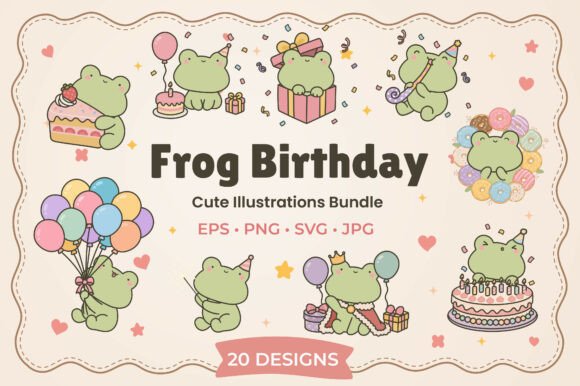 Kawaii Frog Birthday Doodle Illustration
